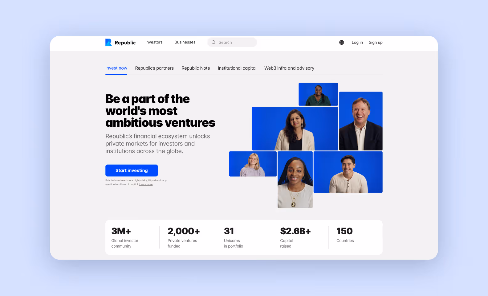 page of republic.com describing the platform’s benefits for professional investors