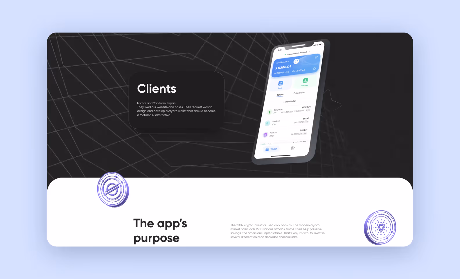 page of purrweb.com showcasing a multicurrency crypto wallet app designed by Purrweb