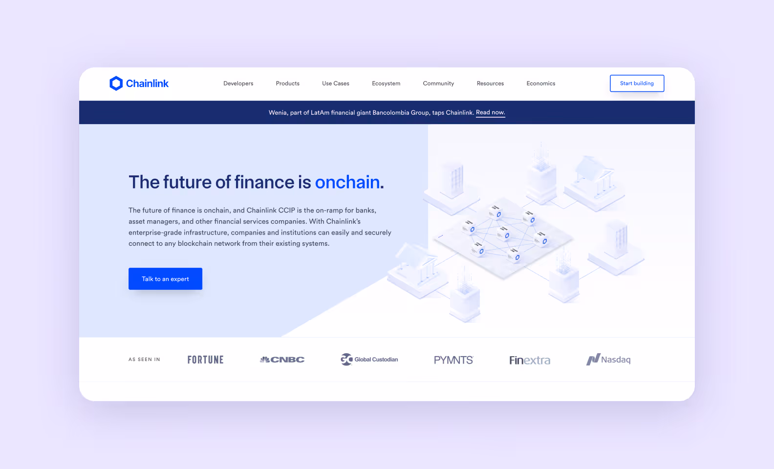 page of the chain.link describing the platform’s benefits for fintech
