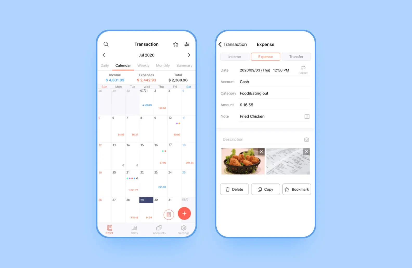 Money Manager screens: monthly transaction calendar and an expense detail with photo receipt