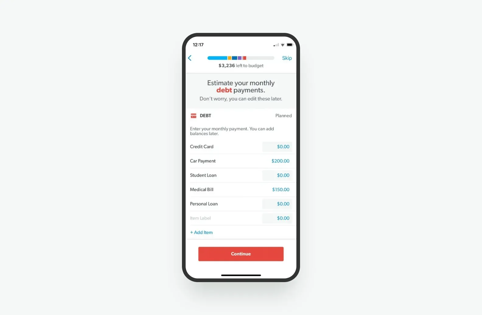 EveryDollar screen estimating monthly debt payments for credit card, car, loans and medical bill