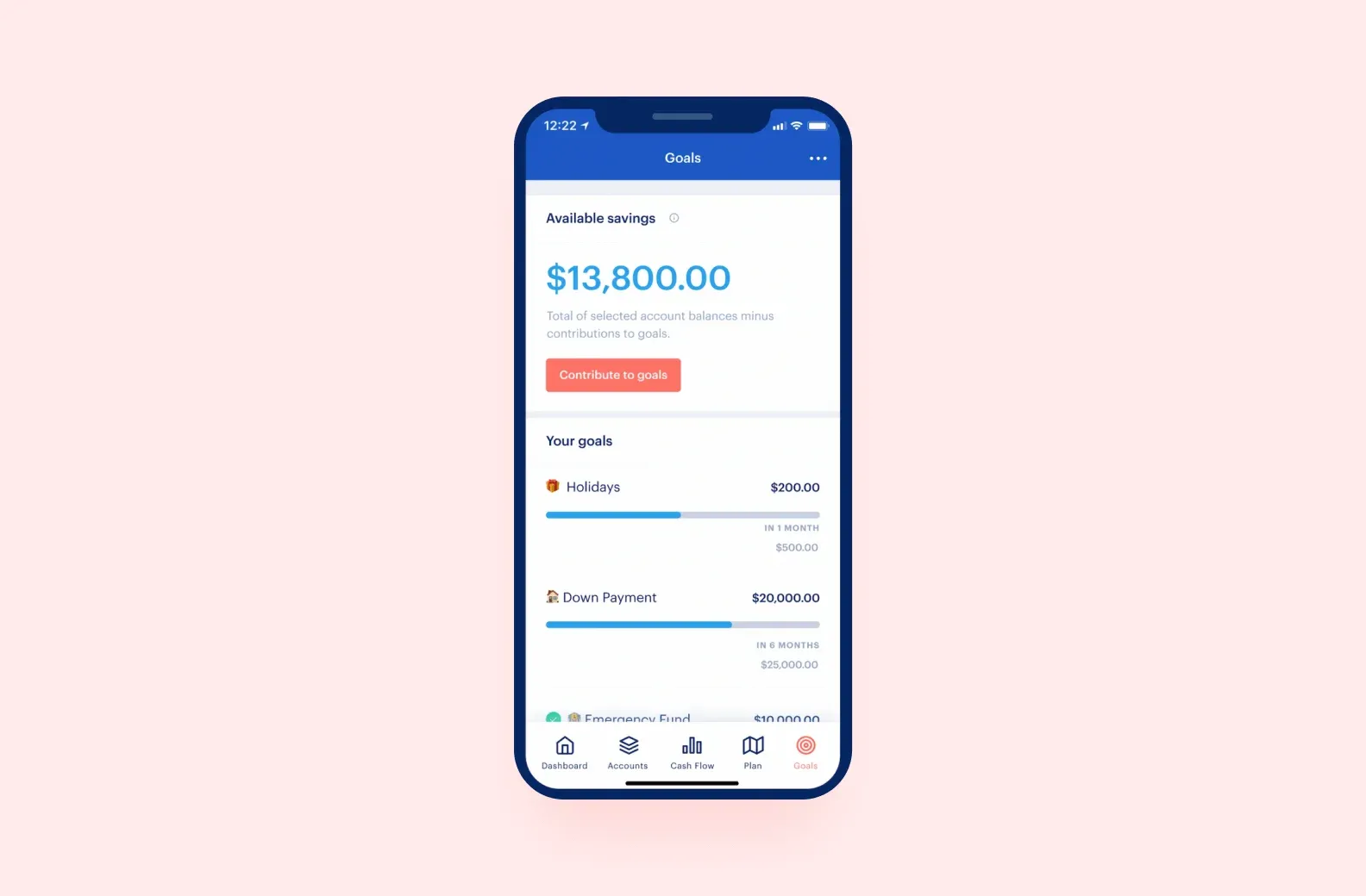 Goals screen with $13,800 available savings and progress bars for holidays and down payment