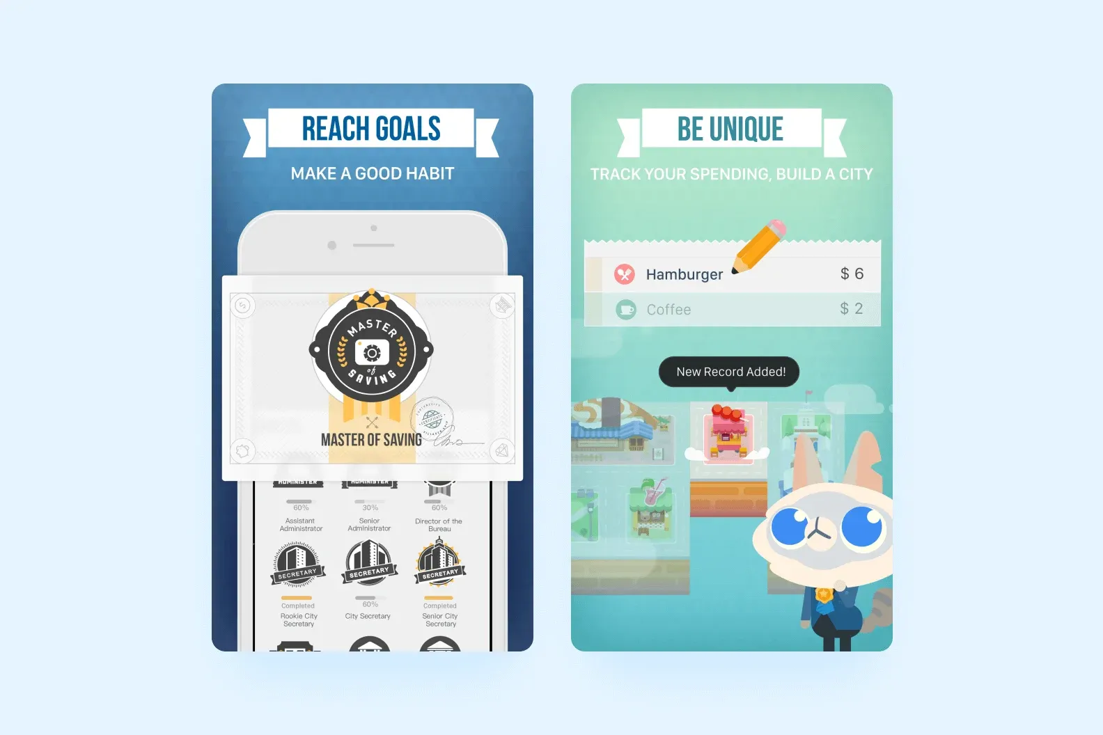 Fortune City screens: saving badges and a gamified city built from tracked spending records