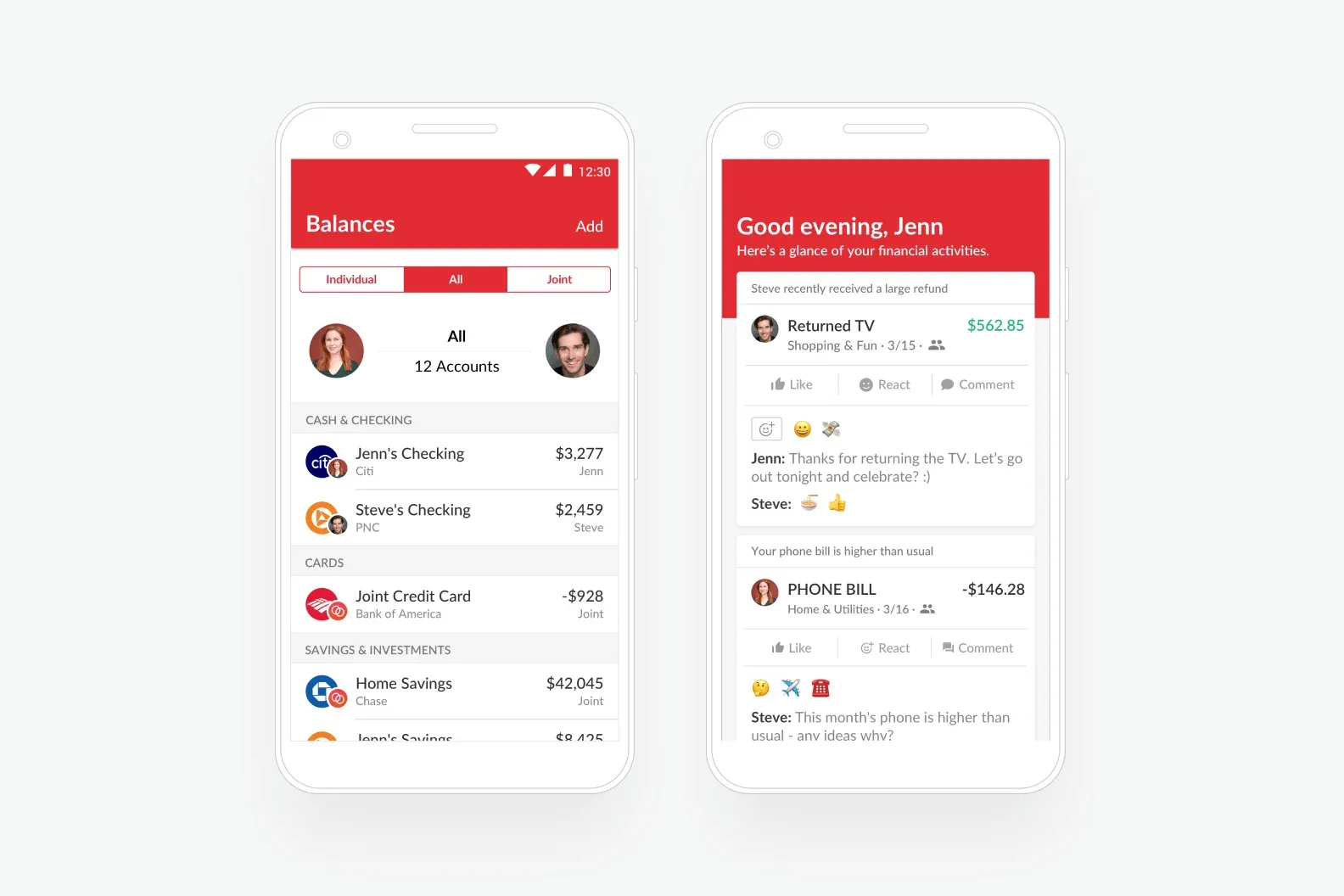 Honeydue app screens: shared account balances and a social feed of couple's financial activity