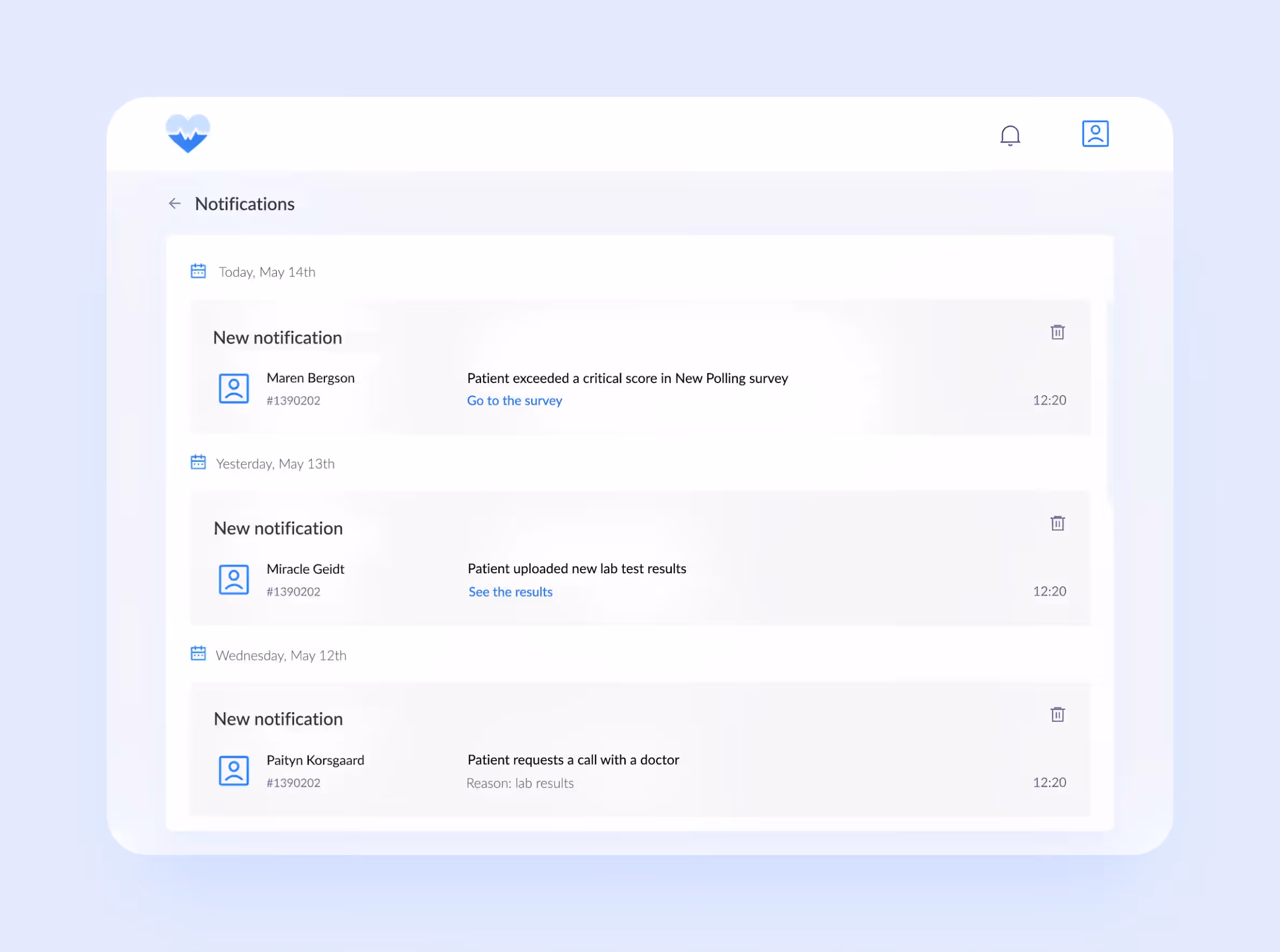 Screenshot of the app panel displaying a list of patients and notification alerts