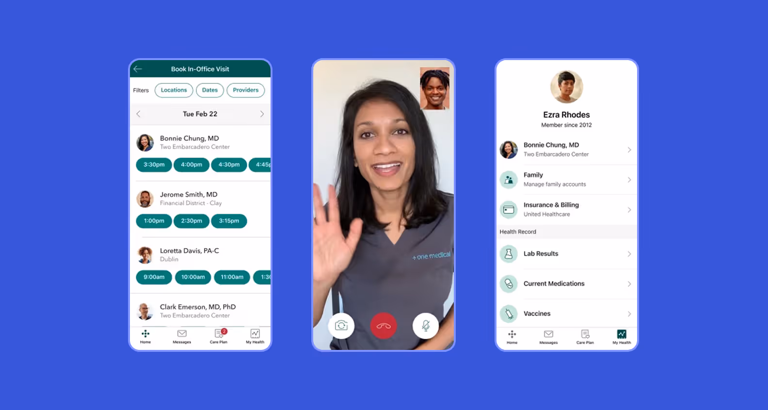 3 screens of the Amazon One Medical mobile app