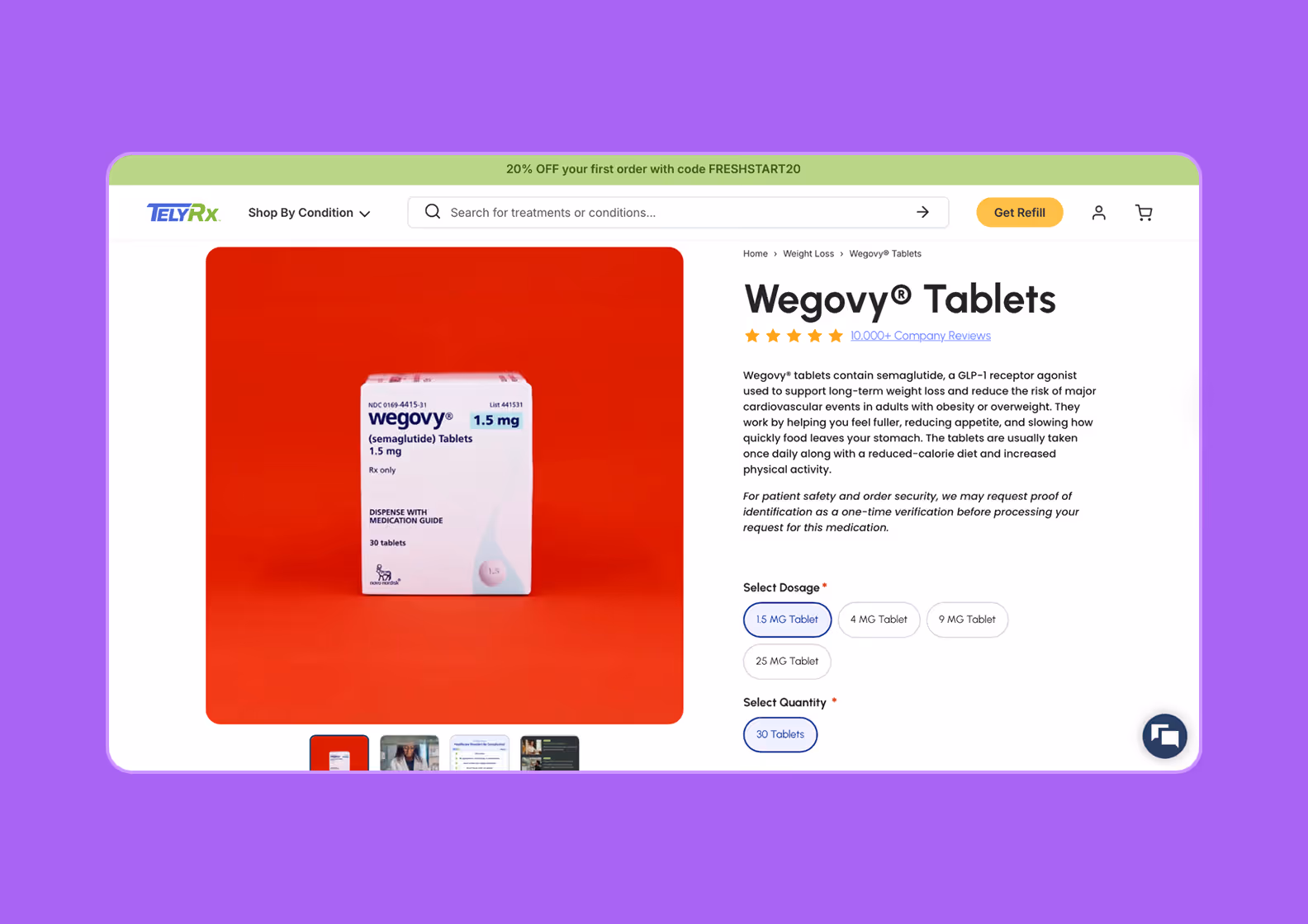 A medication page of an online pharmacy with a description of the product and dosage