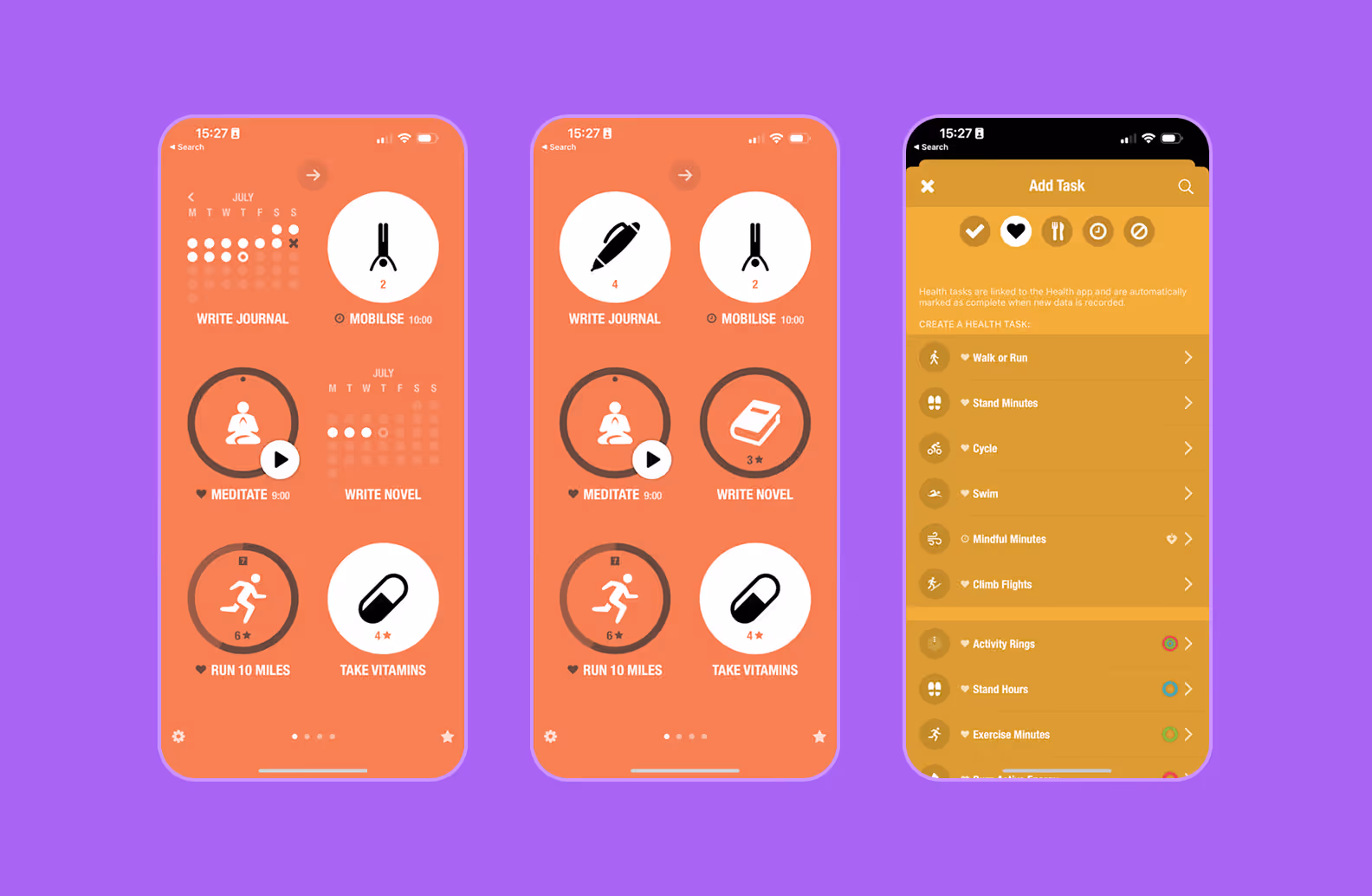 Main screens for a popular habit tracker