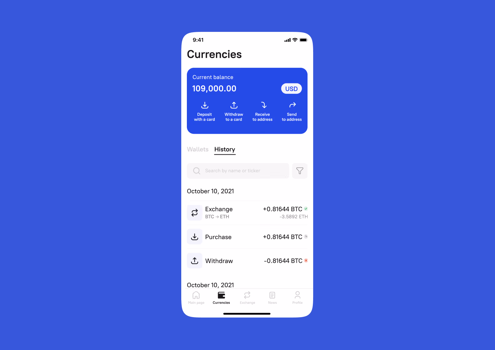broex crypto wallet currencies screen with usd balance and exchange history