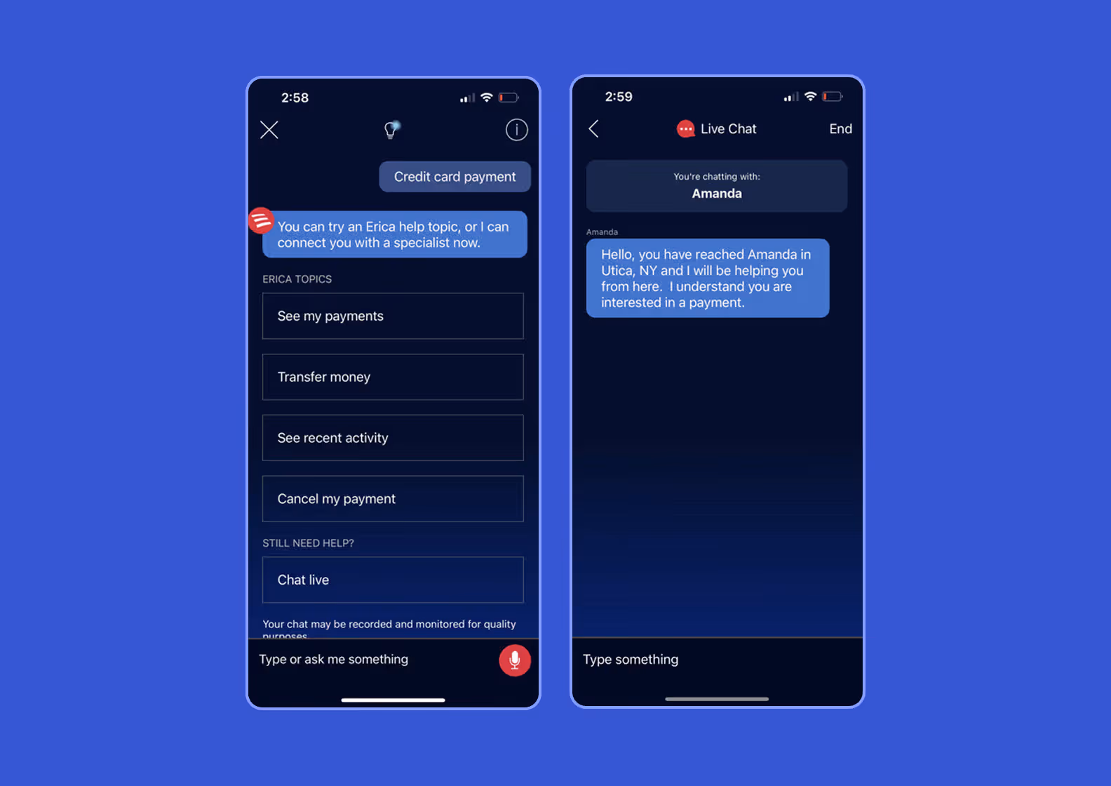 bank of america chase live chat overlay mobile chatbot quick questions escalate to human option