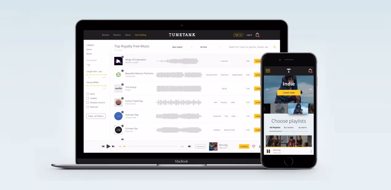 tunetank music licensing marketplace screenshot