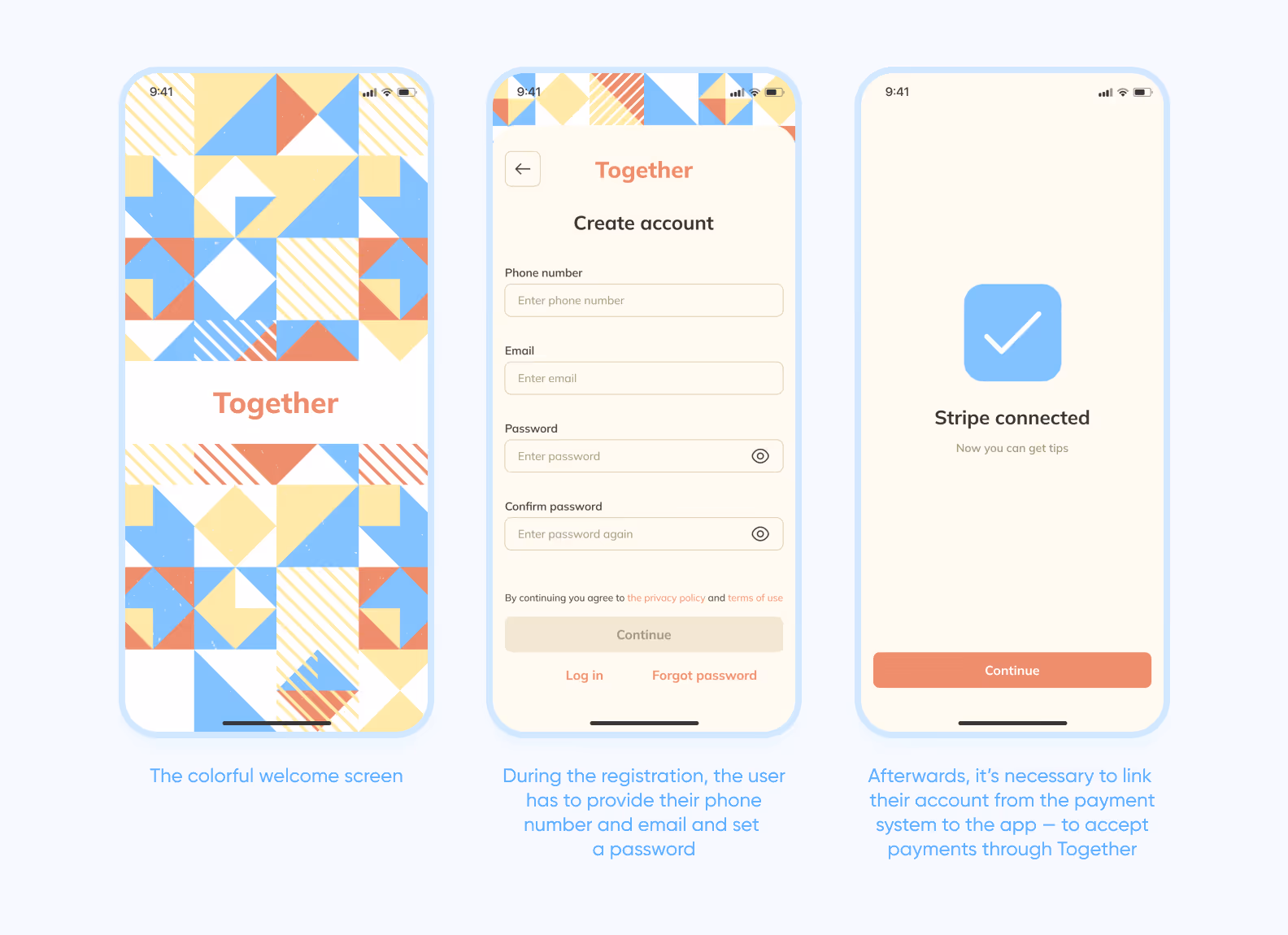 3 screens of Together, a mobile app