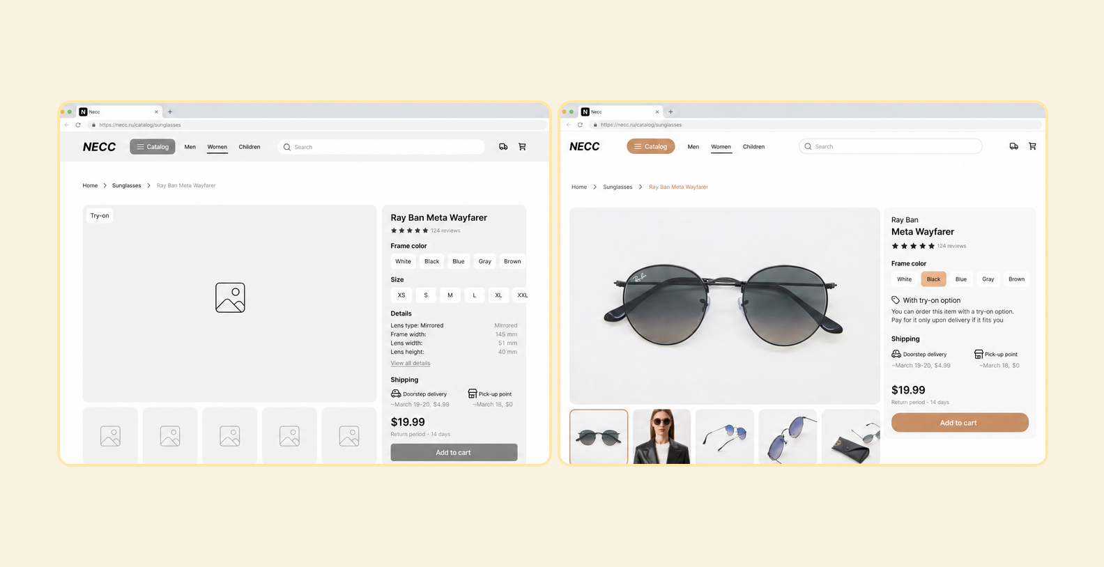 Prototype vs. final design of the product page: a monochrome interface structure on the left and a full-color screen with product photography on the right