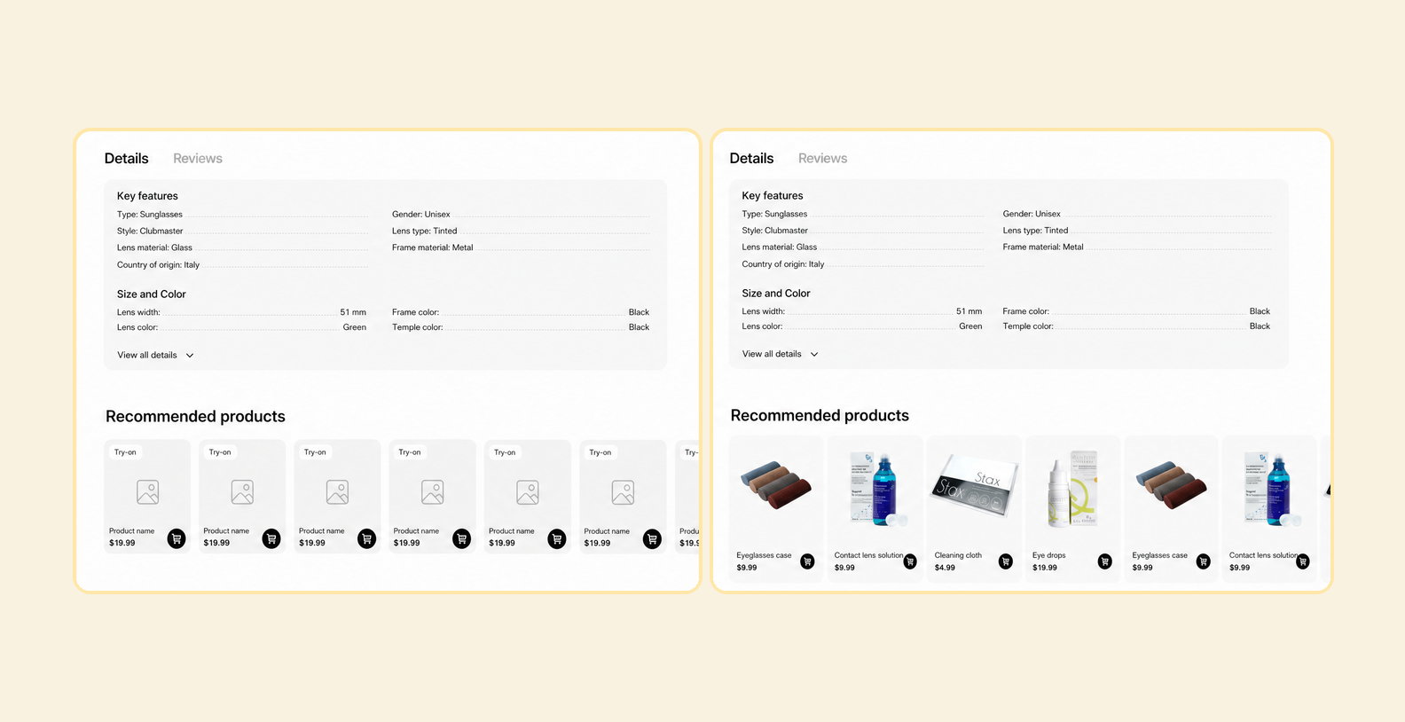 Product details and recommended products in the prototype and final design