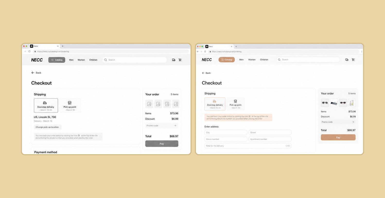 Before and after: the black-and-white checkout prototype and the final full-color interface