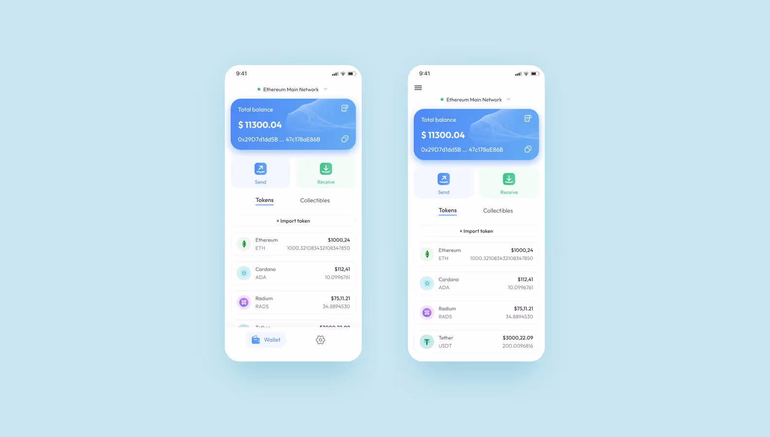 Abel non-custodial crypto wallet home screen showing total balance and token list
