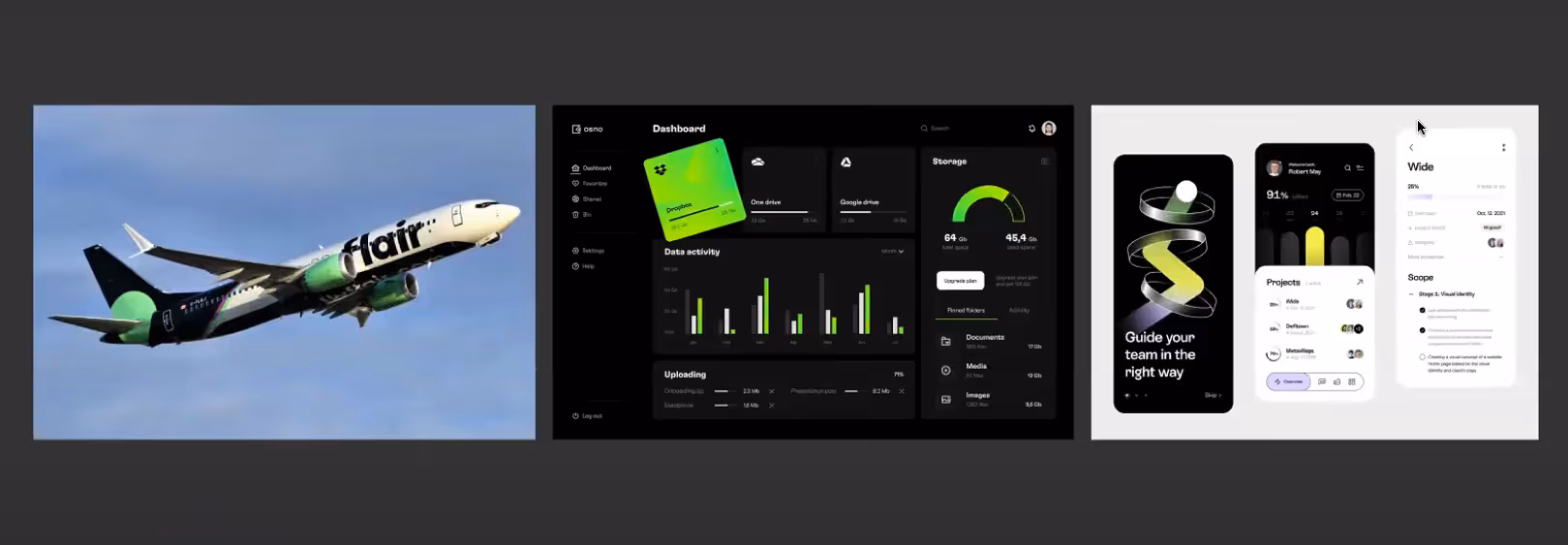 Client design references with green electric gradient