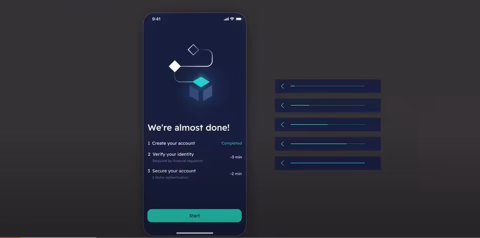 Warning screen and KYC progress bar