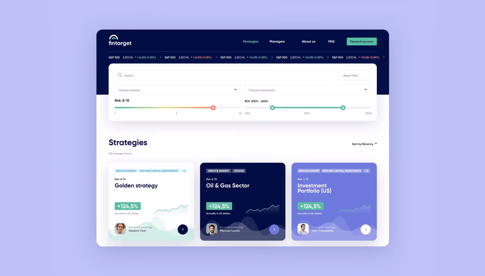 Fintarget web platform: strategy search with risk and ROI filters and investment strategy cards