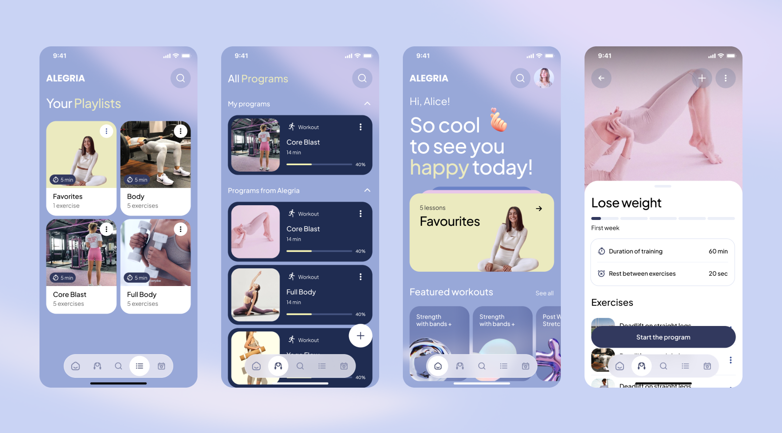 Alegria onboarding, workout programs, and playlist screens