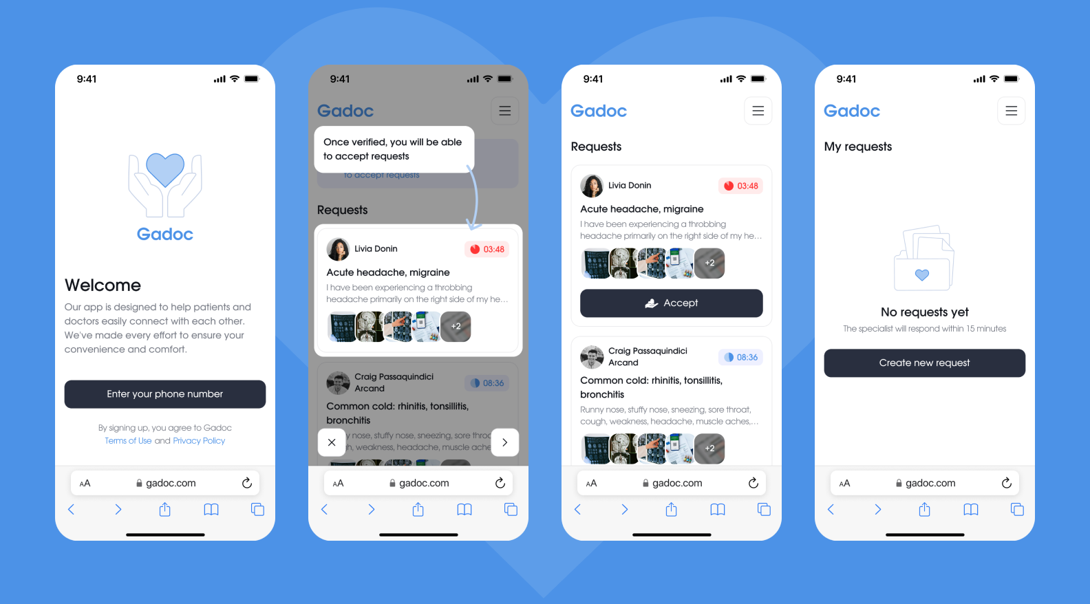 Gadoc patient and doctor flows across four mobile screens