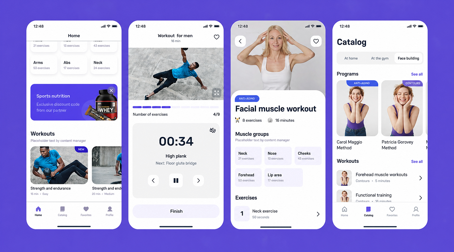 VIMS workout programs, timer, facial fitness, and catalog screens