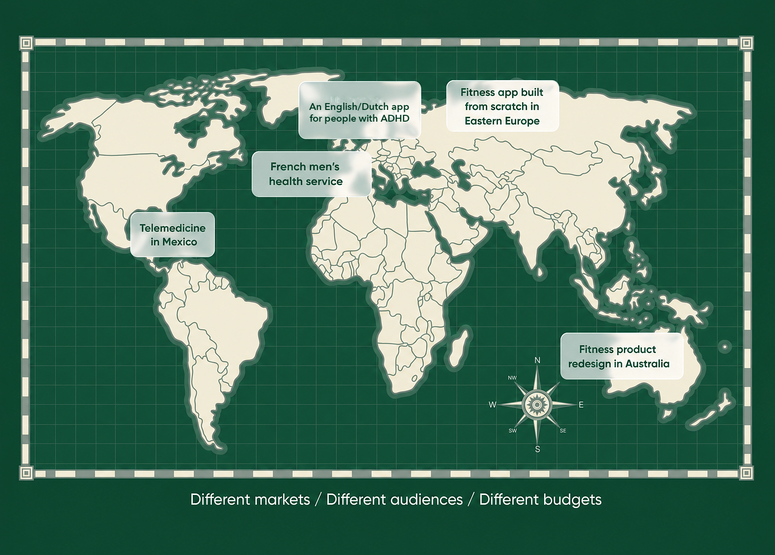 Map showing five HealthTech projects across Europe, the Americas, and Australia