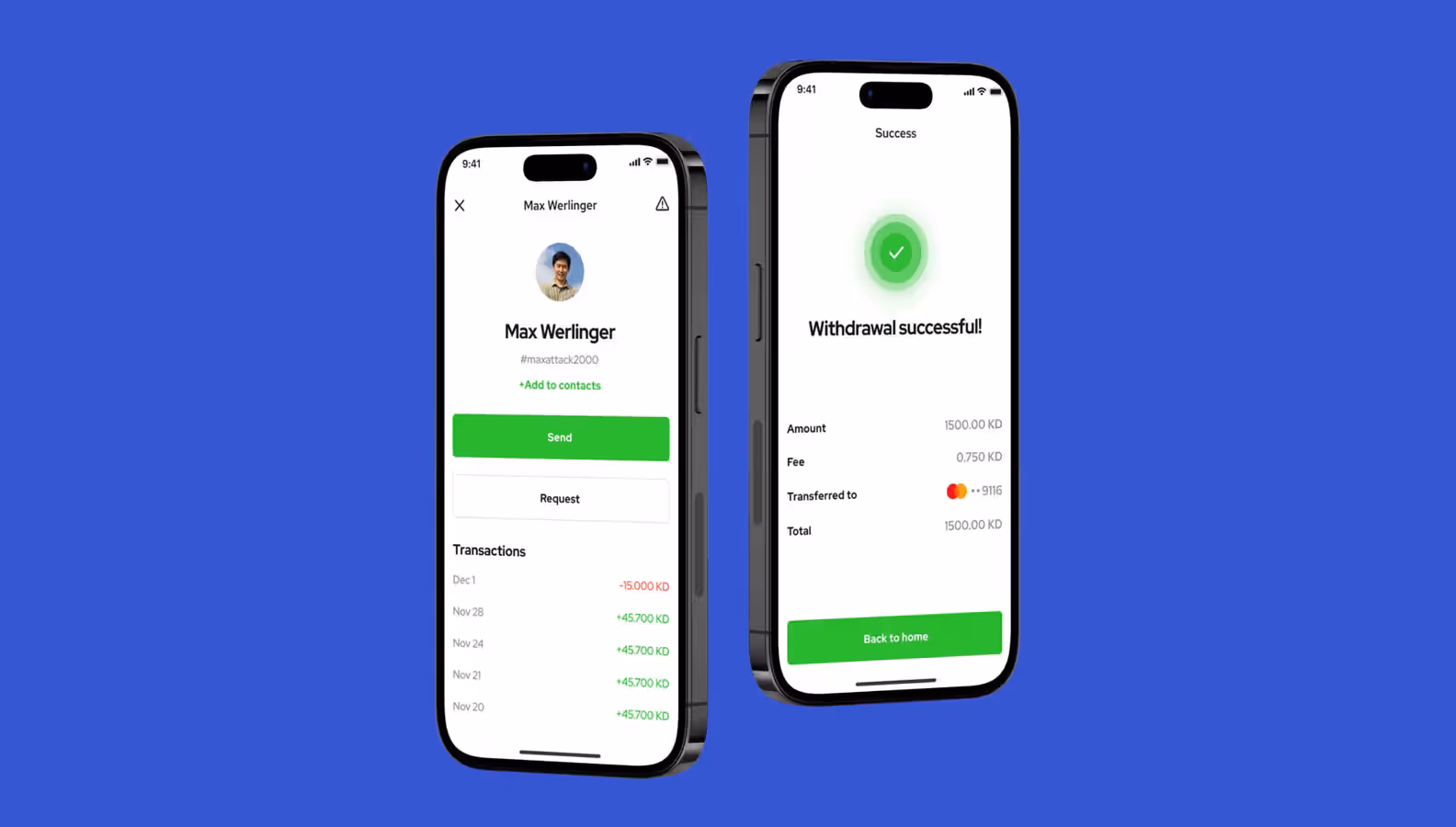 kem payment app card linking and money request screens
