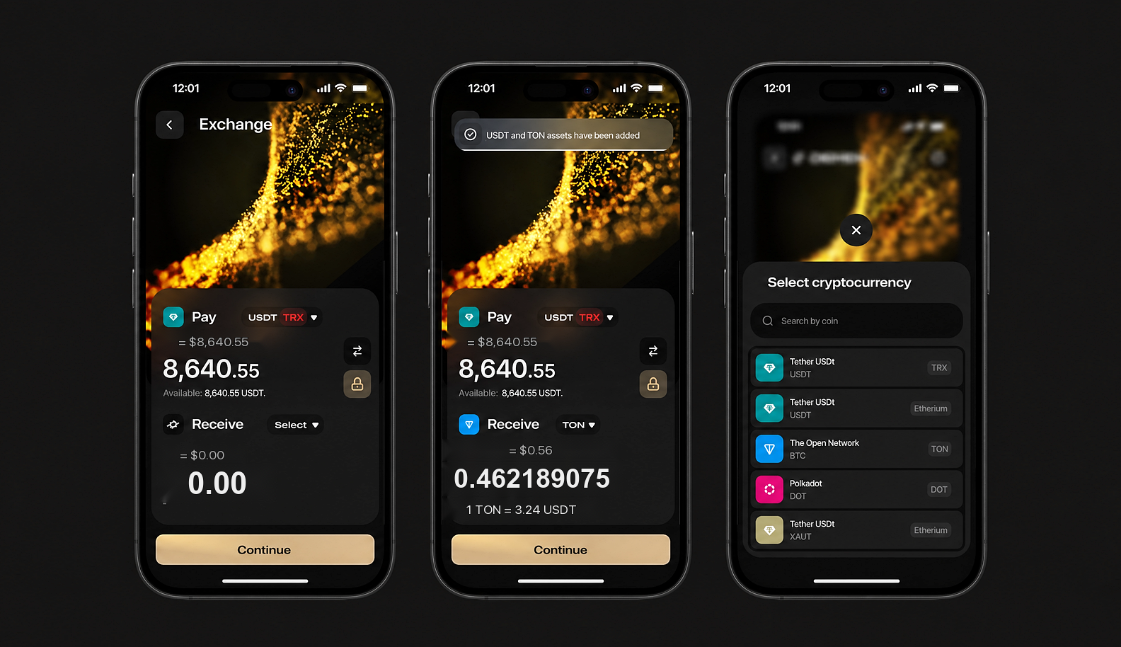 Cryptocurrency exchange screen and asset selection in the Kraster Wallet app
