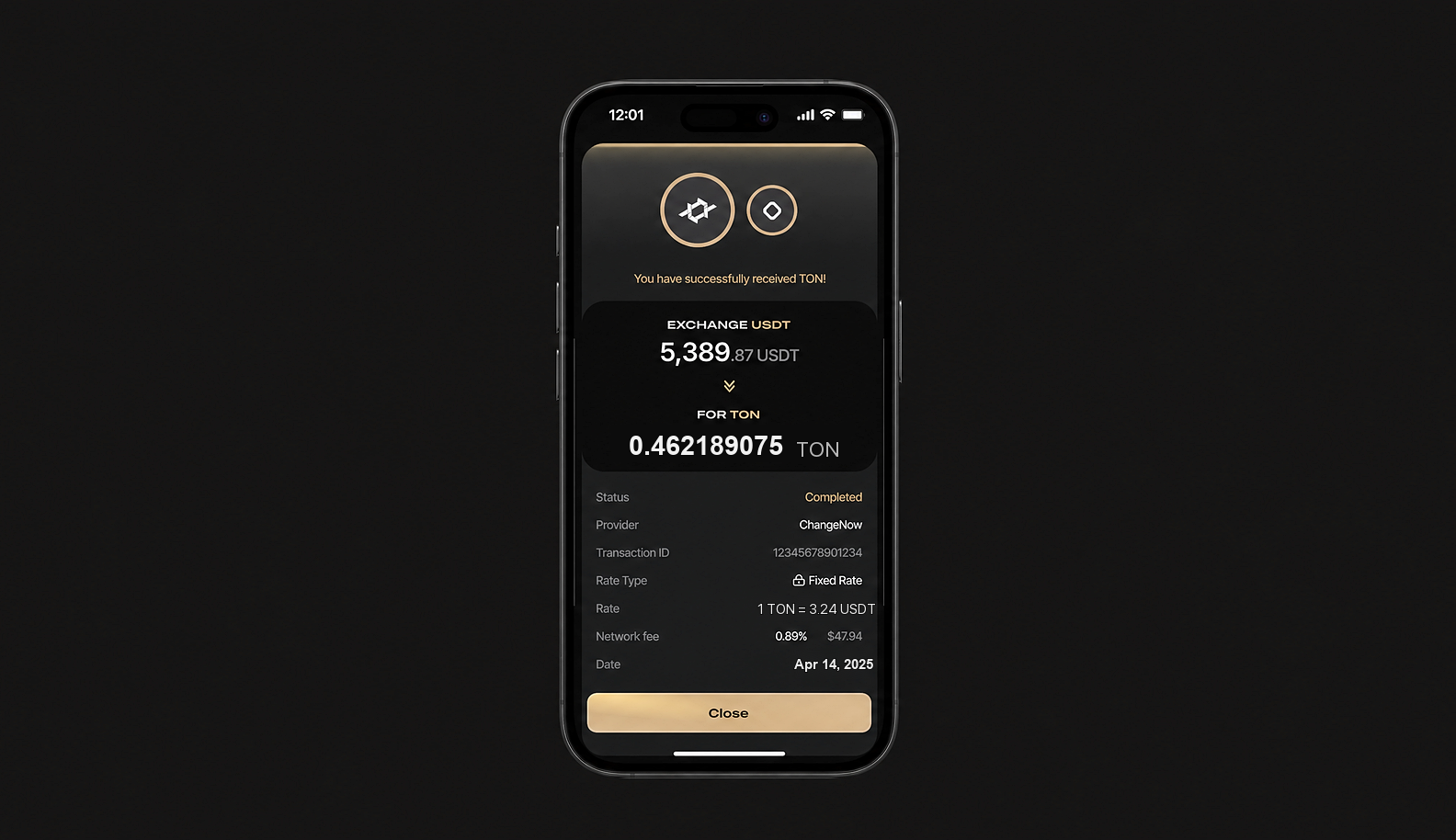 A screen of successful cryptocurrency exchange in the Kraster Wallet app