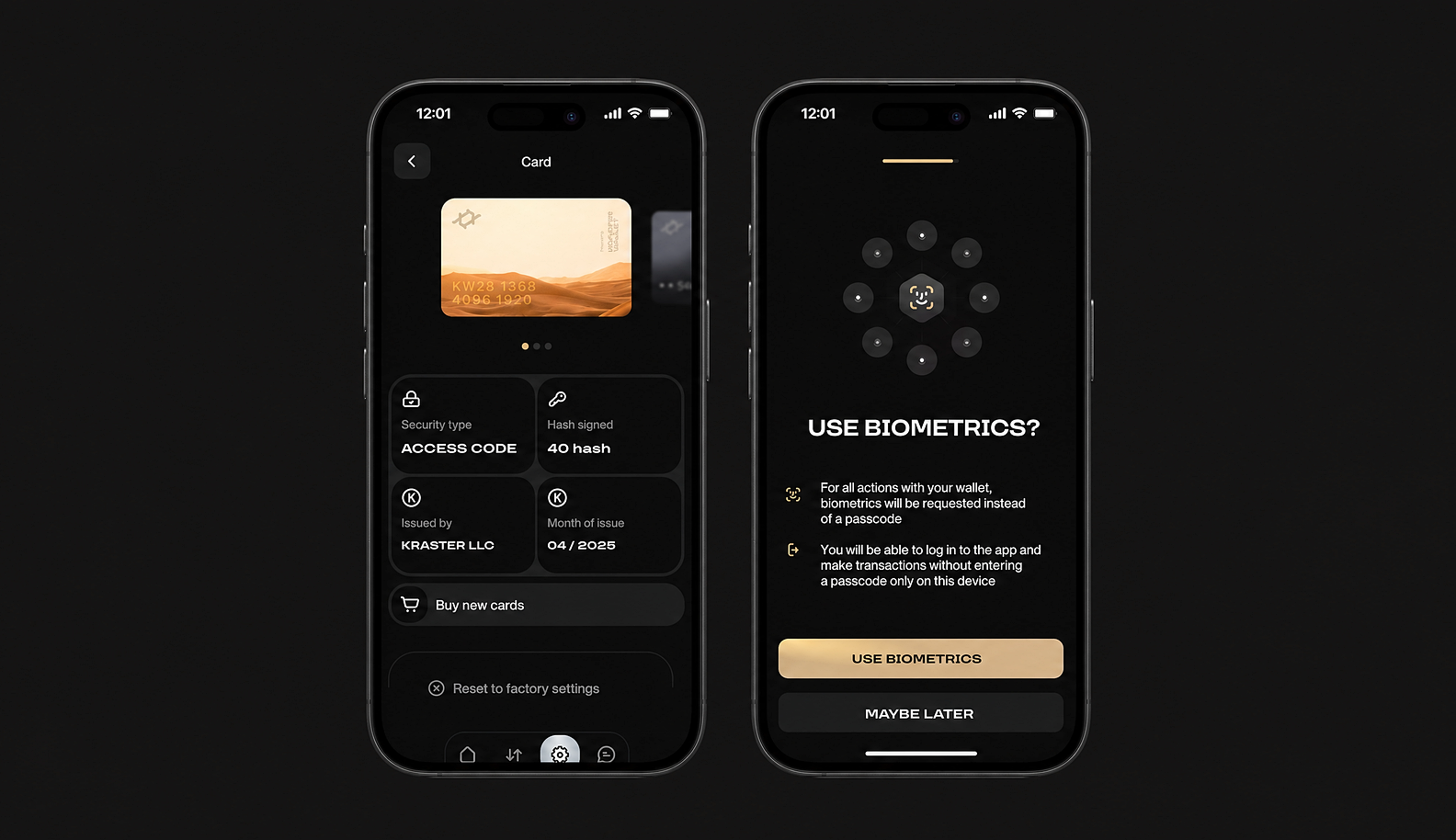 Card profile screens in the Kraster Wallet app showing NFC card data and a screen prompting the user to enable biometric protection