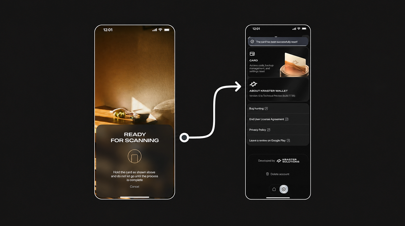NFC card scanning screen and successful card reset confirmation in the Kraster Wallet app