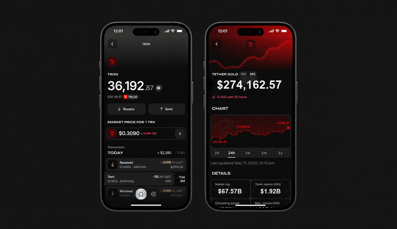 Cryptocurrency balance screen and detailed token page in the Kraster Wallet app
