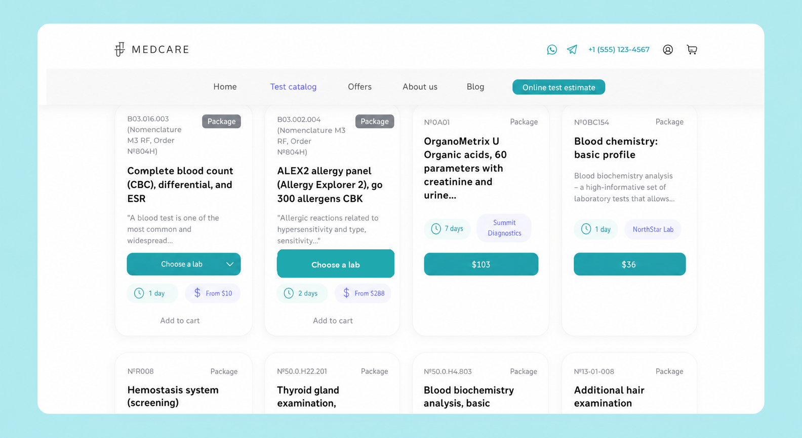 The catalog of medical tests on the MedCare website