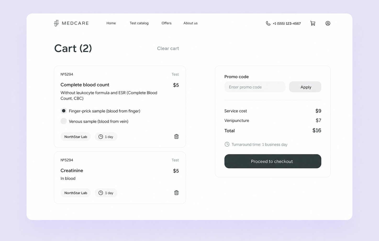 MedCare website wireframe for the cart
