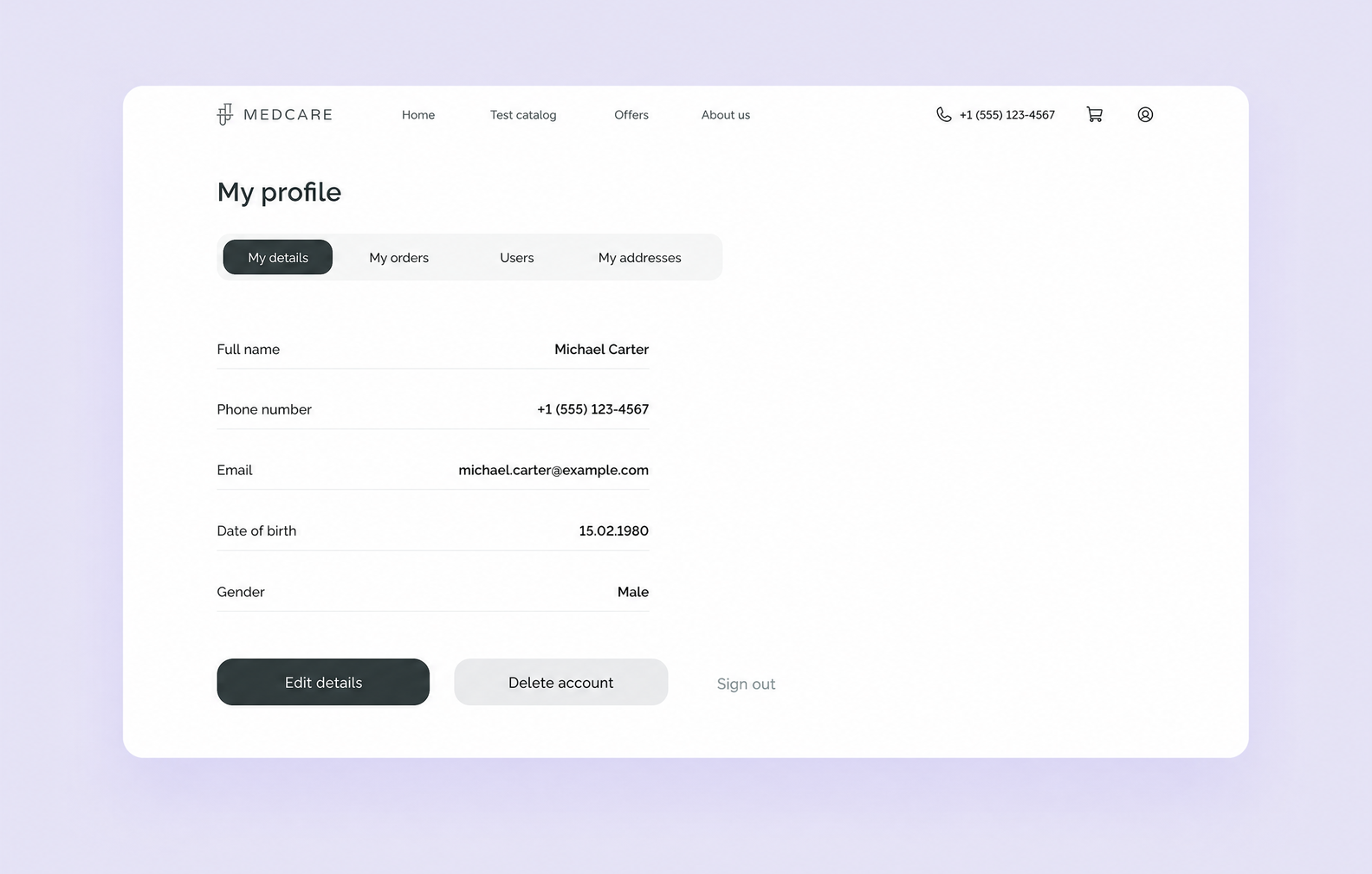 MedCare website wireframe for the user profile