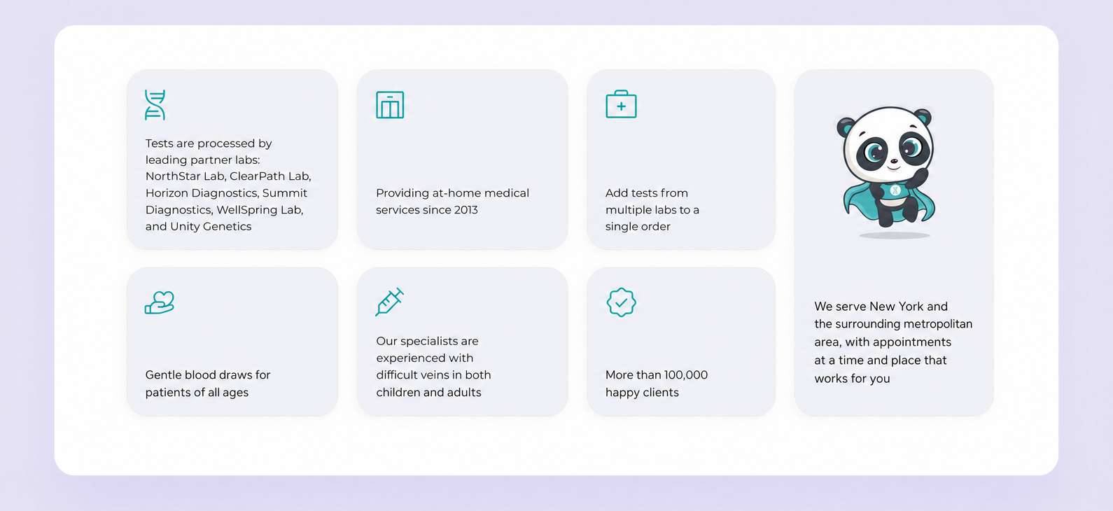 Homepage cards that explain what MedCare offers