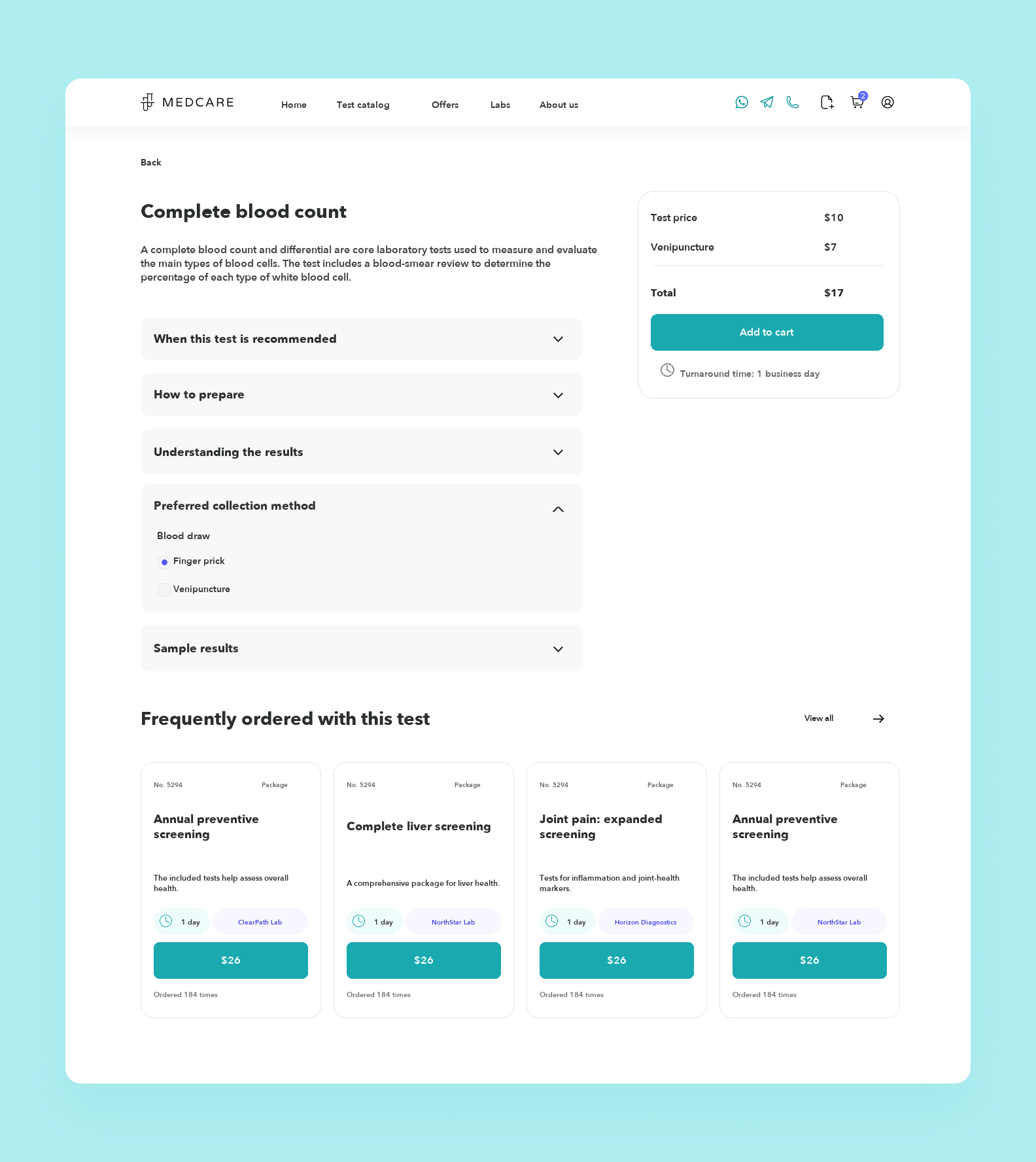 A medical test details page in MedCare