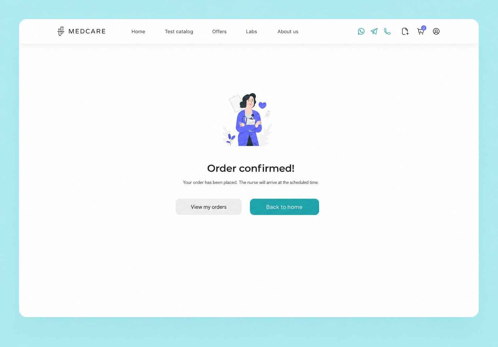 The MedCare order success screen