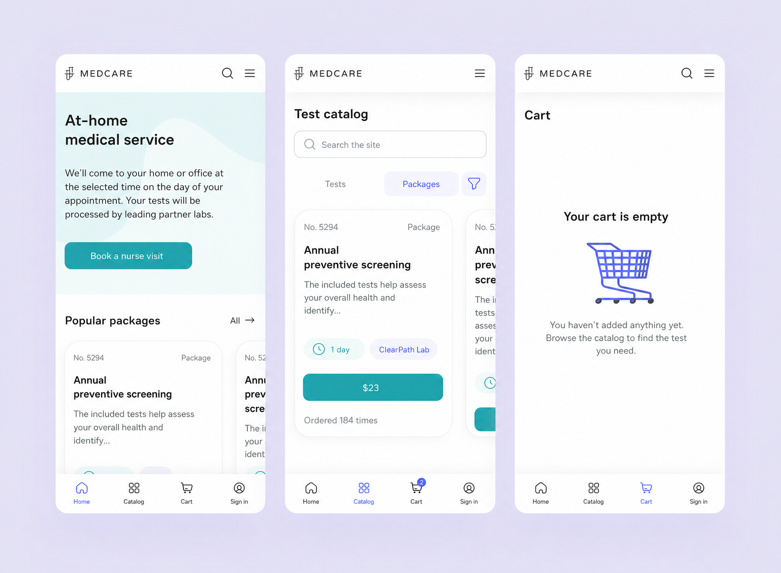 MedCare website pages in the mobile version