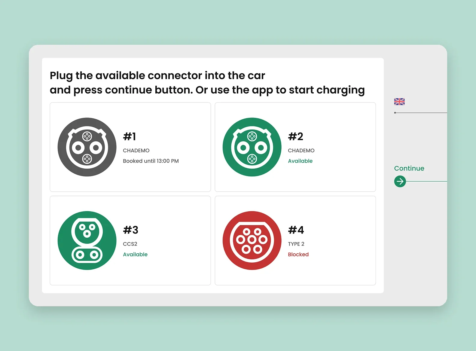 The home screen shows connector statuses — reserved, available, or blocked