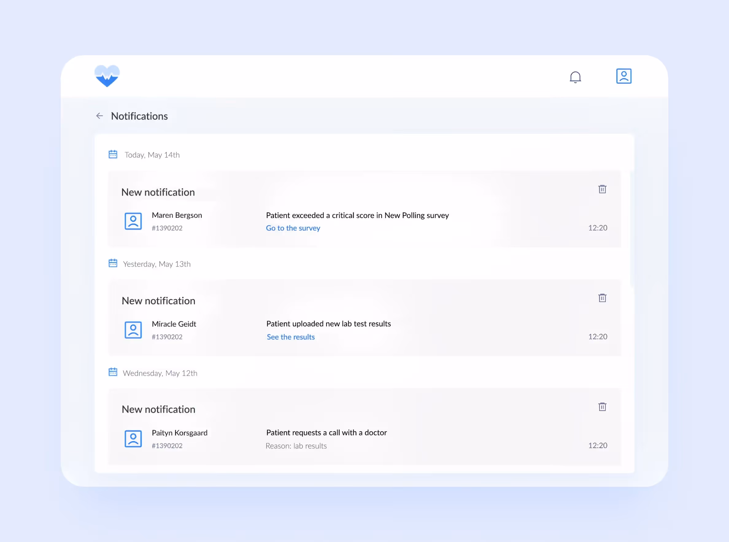 Medico doctor notifications for survey scores, lab uploads, and call requests