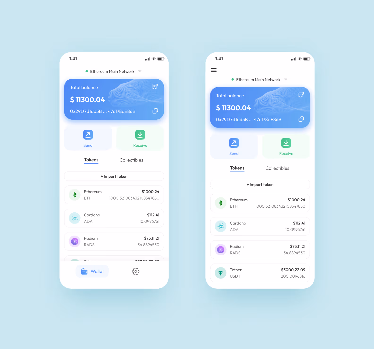 crypto wallet screens assembled from external apis in a purrweb case study