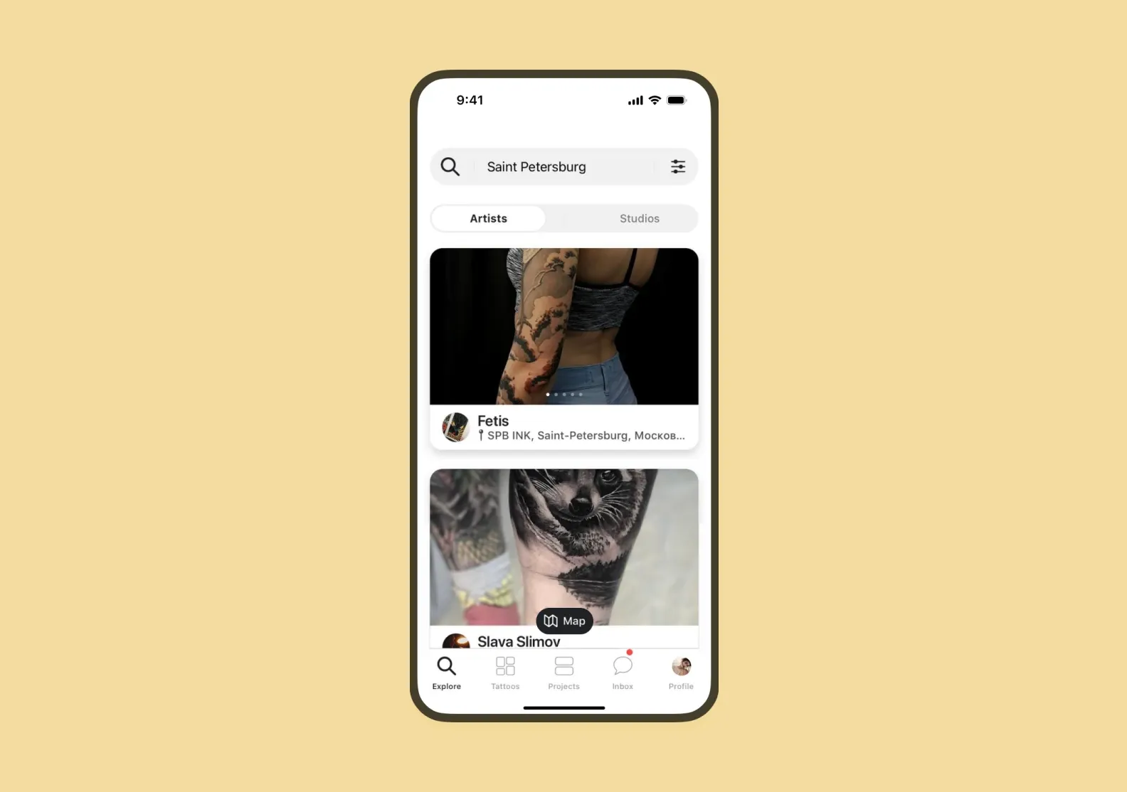 Интерфейс приложения-аналога Tattoodo