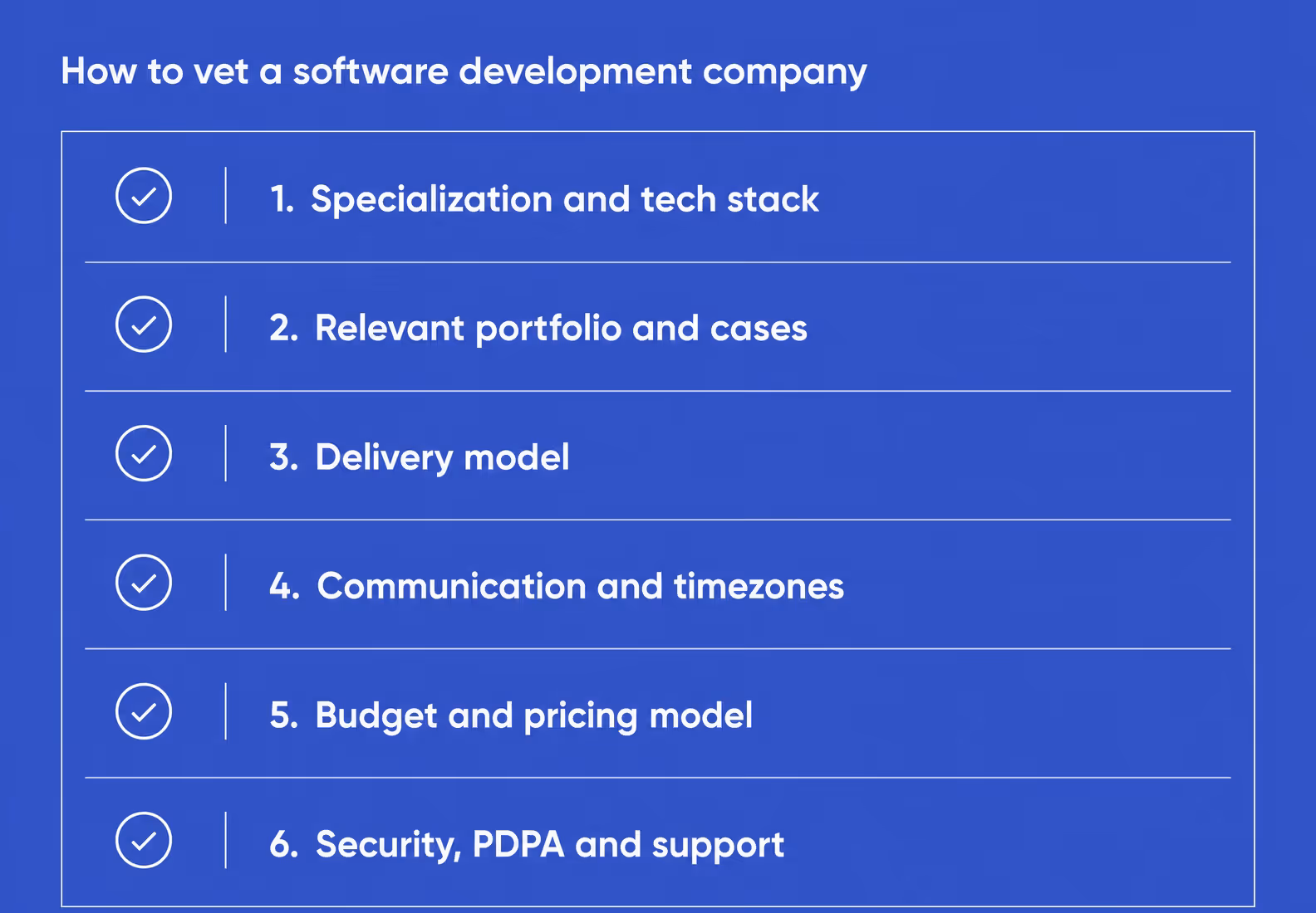 checklist of six criteria to choose a software development company