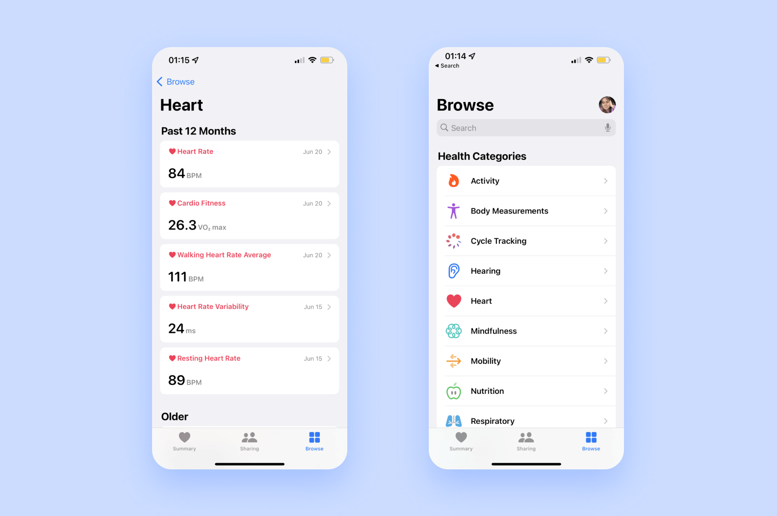 Apple Health categories and Heart tab