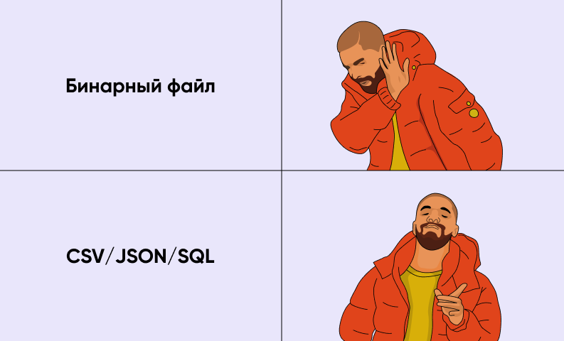 Бинарный файл vs. CSV/JSON/SQL. Что такое no code?