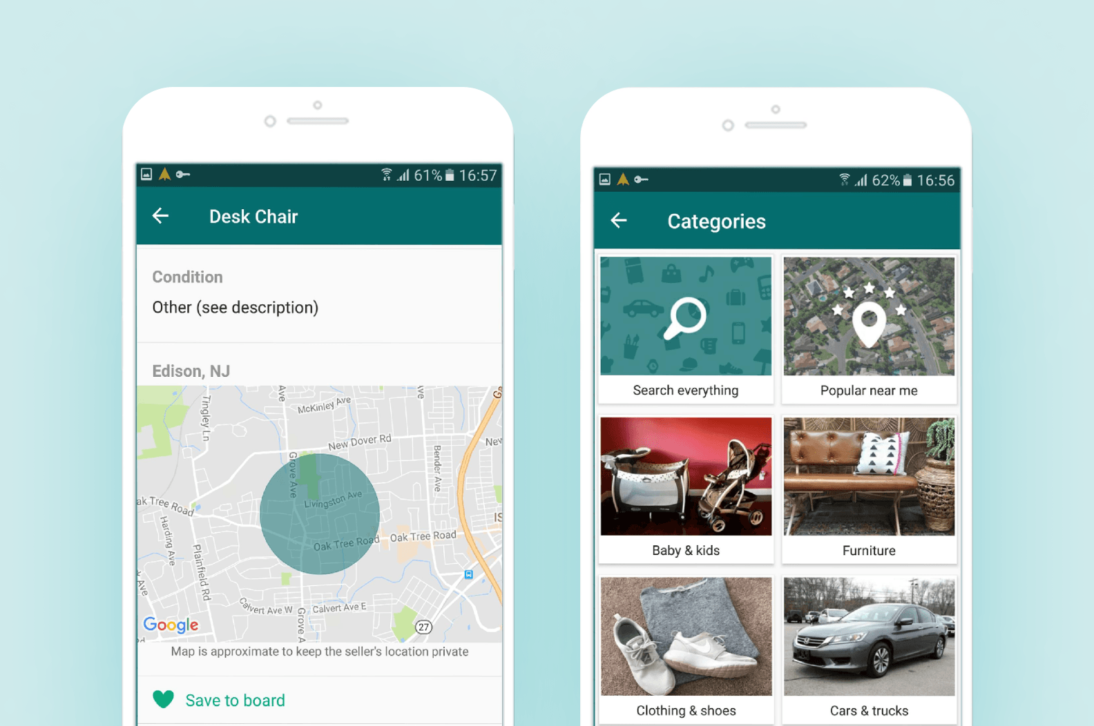 OfferUp’s interface with pictures of goods and a map