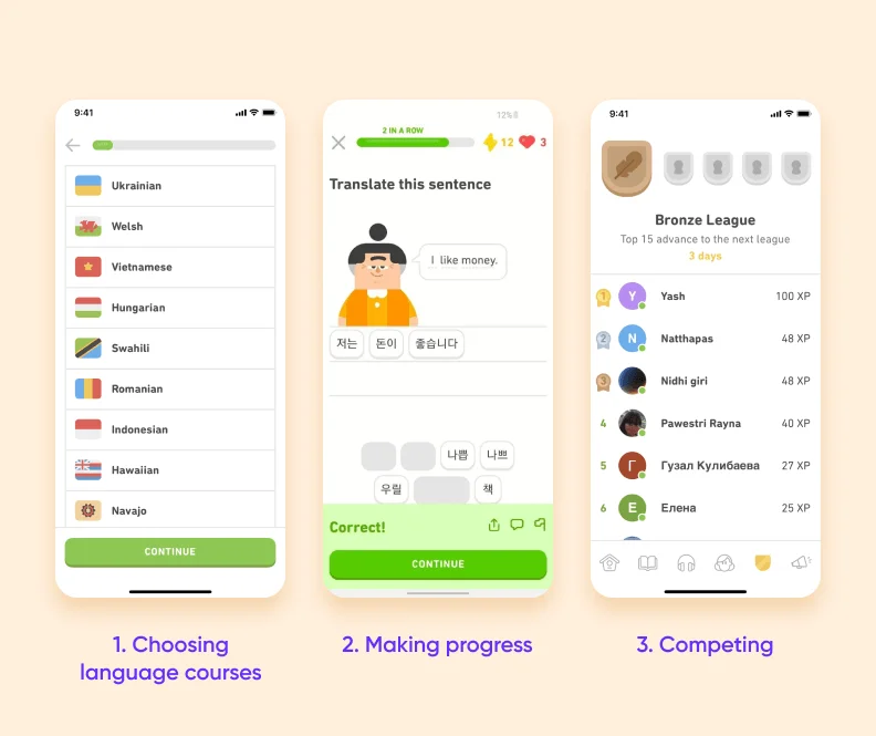 The flow of the Duolingo app