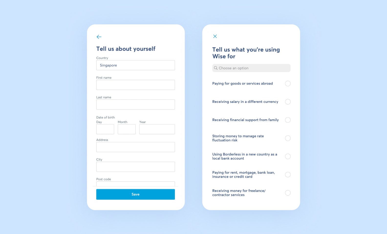 registraiton form in wise app screen